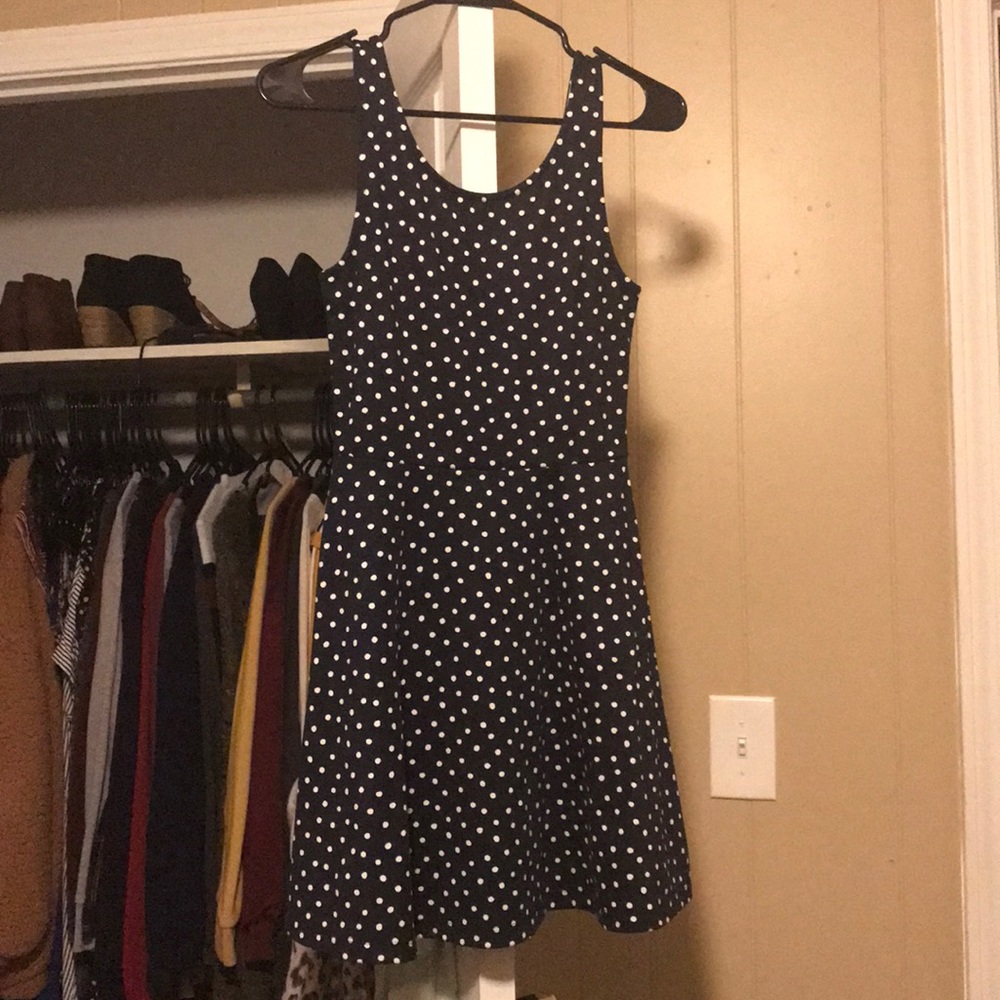 Blue and white polka dot skater dress